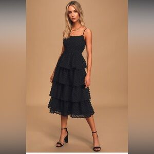 Lulus Black Flirting with You Tiered Pom Pom Lightweight Midi Dress NWT Size M